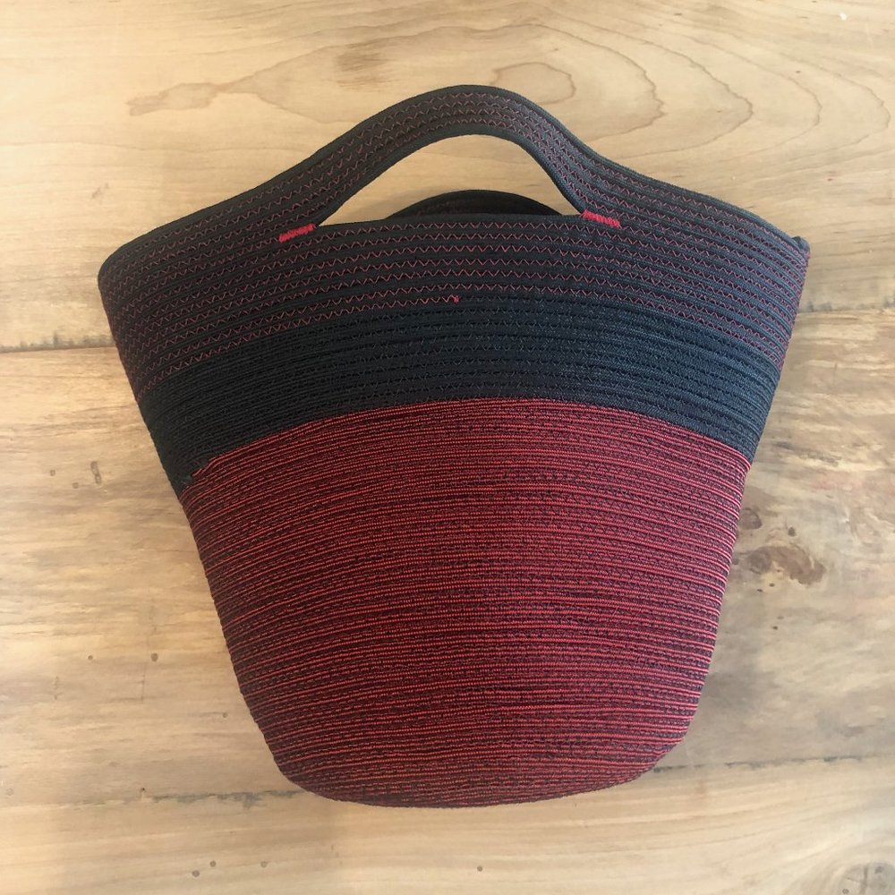 Handmade Black and Red Stitched Cord Basket with Handles